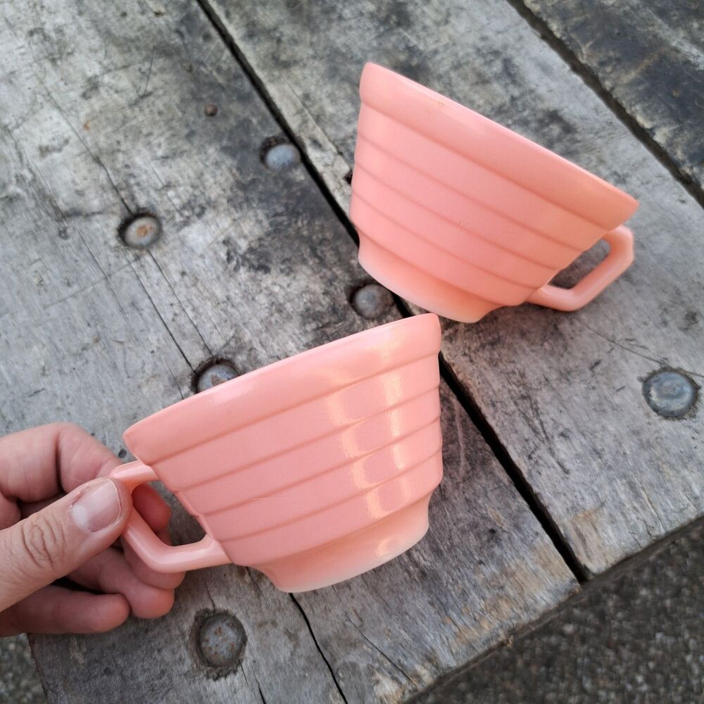Set Of 2 Hazel Atlas Pink Moderntone Teacup Coffee Mug Ribbed Vintage Pink 2pc